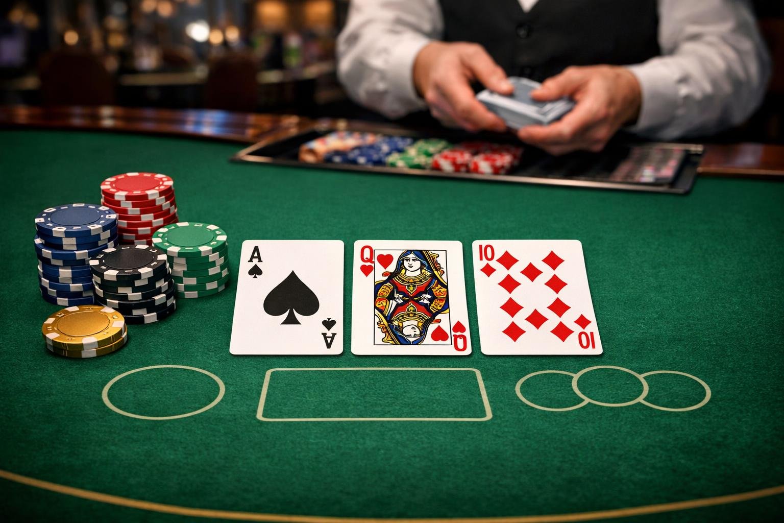 A Casino Table With Three Playing Cards Dealt FaceUp, Poker Chips Stacked Nearby, And A Dealer’s Hands Dealing Cards.