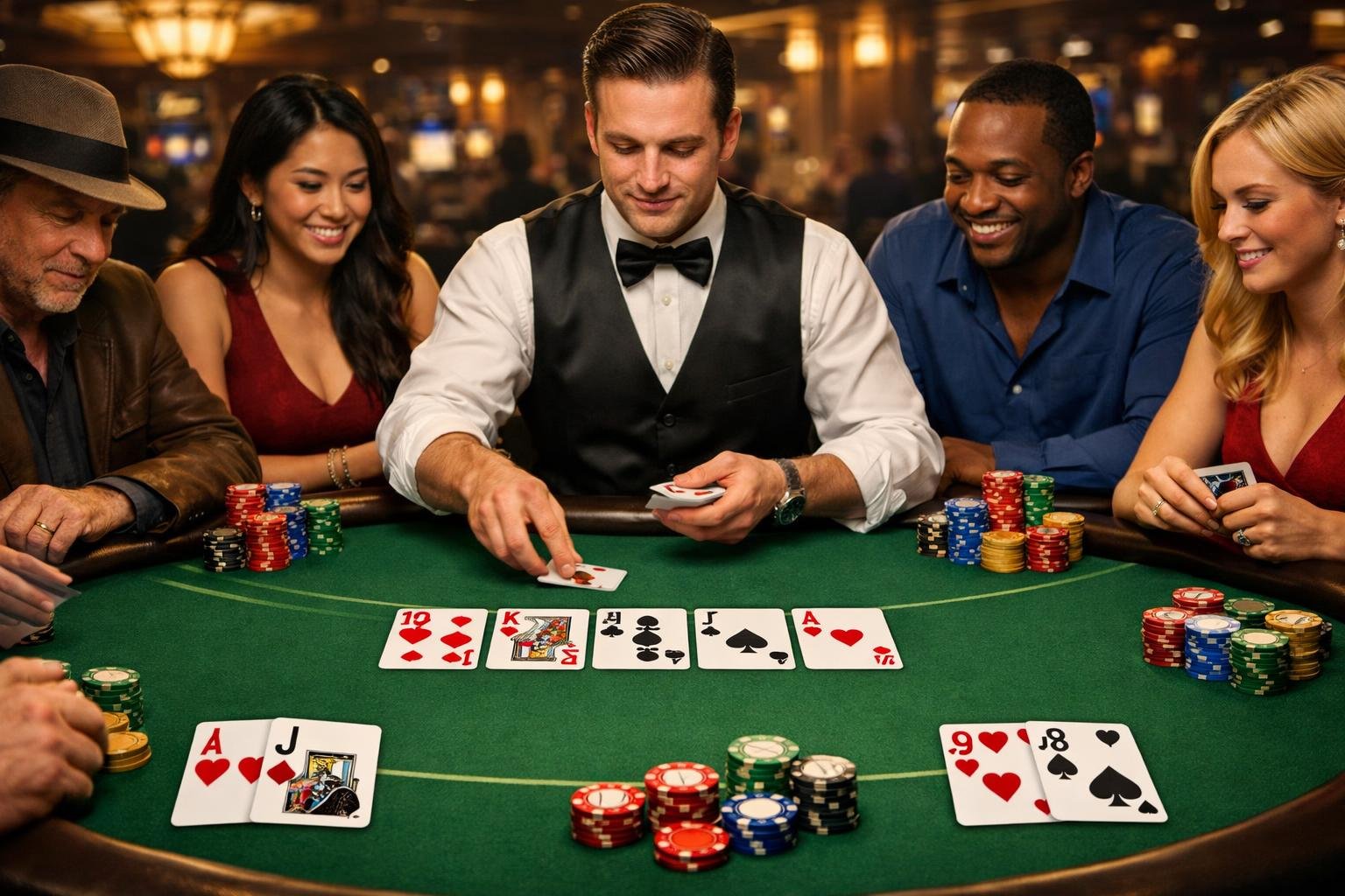 A Casino Poker Table With Players And A Dealer Engaged In A Game Of Texas Hold'em, Showing Cards And Poker Chips On The Table.