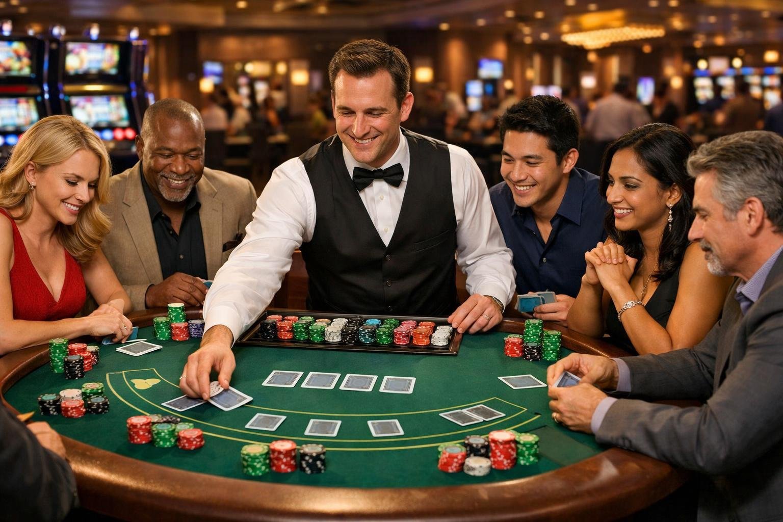 A Casino Table Where A Dealer Is Dealing Cards To Players Engaged In A Three Card Poker Game, Surrounded By Casino Elements And Chips.
