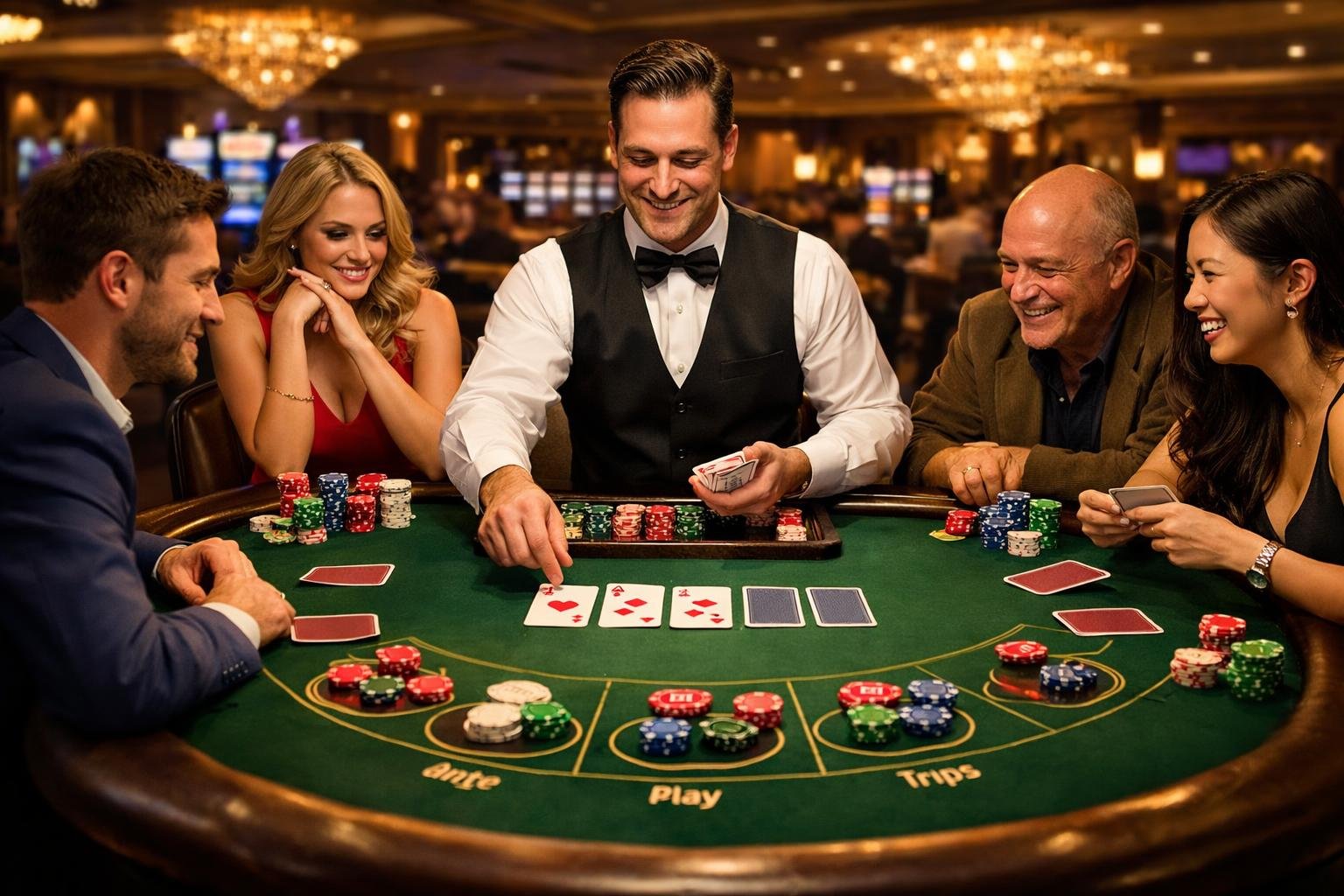 A Casino Scene Showing Players And A Dealer Engaged In An Ultimate Texas Hold'em Poker Game At A Green Felt Table With Chips And Cards.
