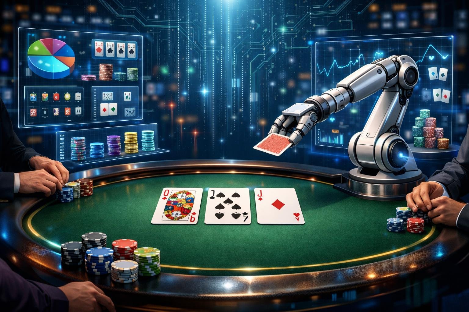 A Casino Poker Table With Three Playing Cards, Digital Interfaces Showing Game Data, A Robotic Dealer Arm, And Background Elements Representing Technology And Data Streams.