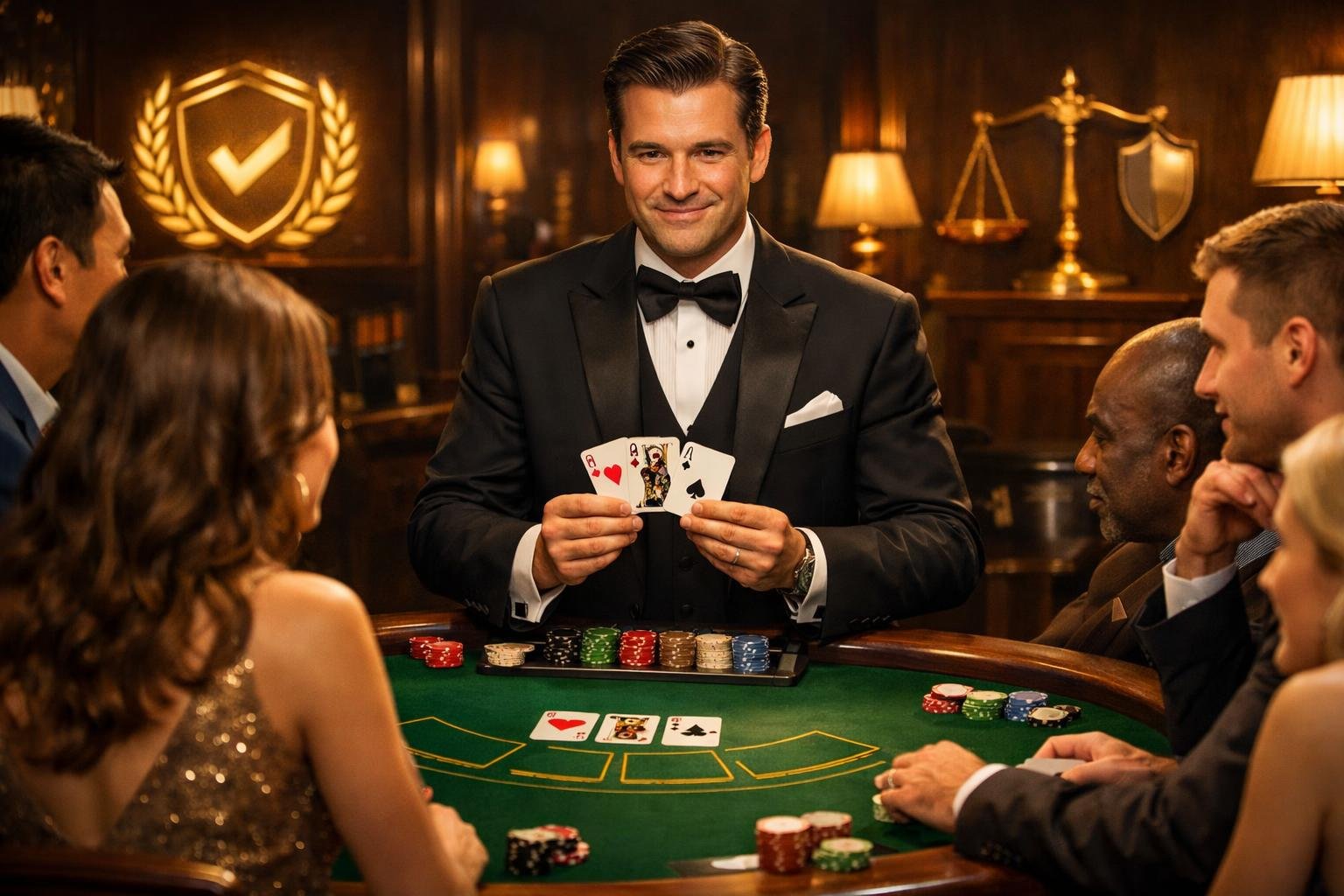 A Casino Scene With A Dealer Handling Three Cards At A Poker Table Surrounded By Attentive Players, With Symbols Representing Fairness And Licensing In The Background.