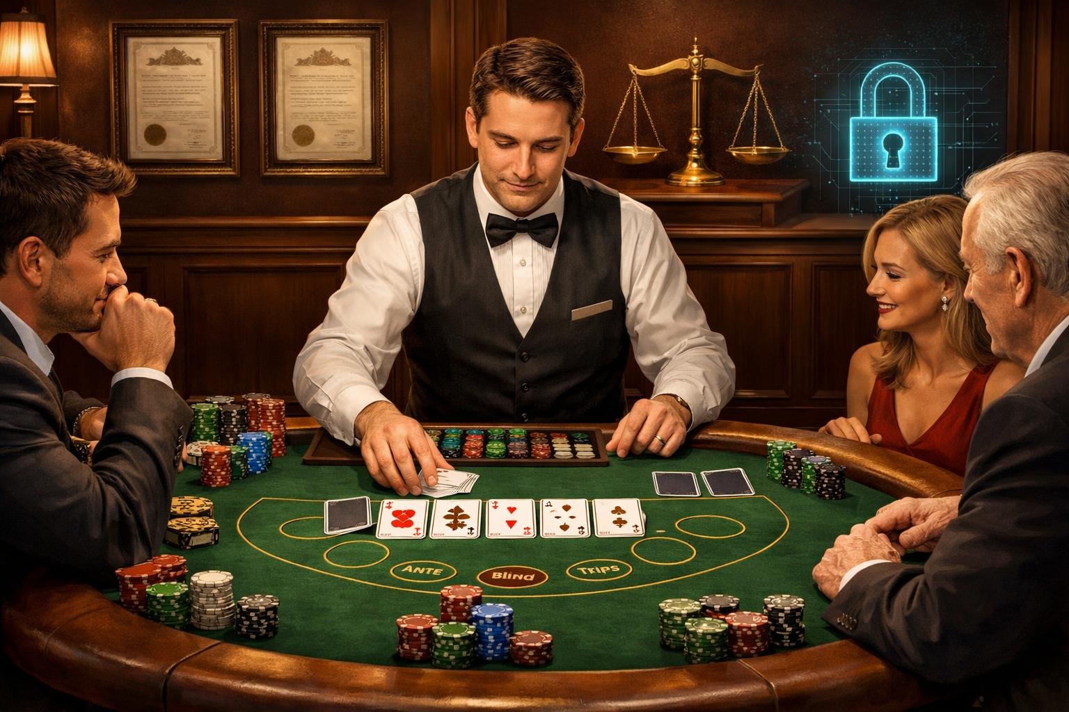 Casino Scene With A Dealer And Players At A Poker Table Playing Ultimate Texas Hold'em, With Symbols Of Fairness And Licensing In The Background.