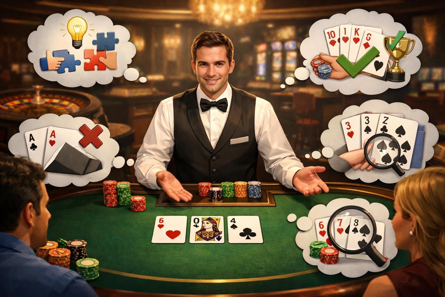 A Dealer And Players Gathered Around A Poker Table With Three Cards, In A Casino Setting With Chips And A Roulette Wheel In The Background.