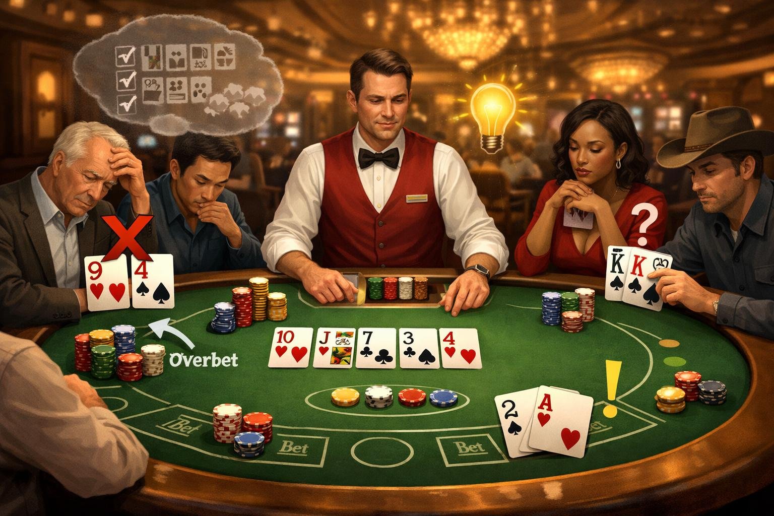 A Casino Poker Table With Players And A Dealer Engaged In An Ultimate Texas Hold'em Game, Showing Cards, Chips, And Thoughtful Expressions.