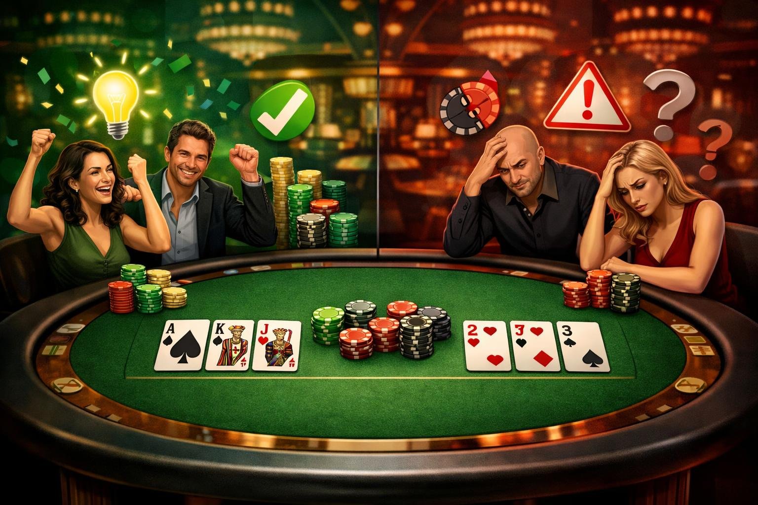 A Casino Scene Divided Into Two Halves Showing Positive And Negative Aspects Of Ultimate Texas Hold'em, With Players, Poker Chips, Cards, And Symbols Representing Advantages On One Side And Disadvantages On The Other.