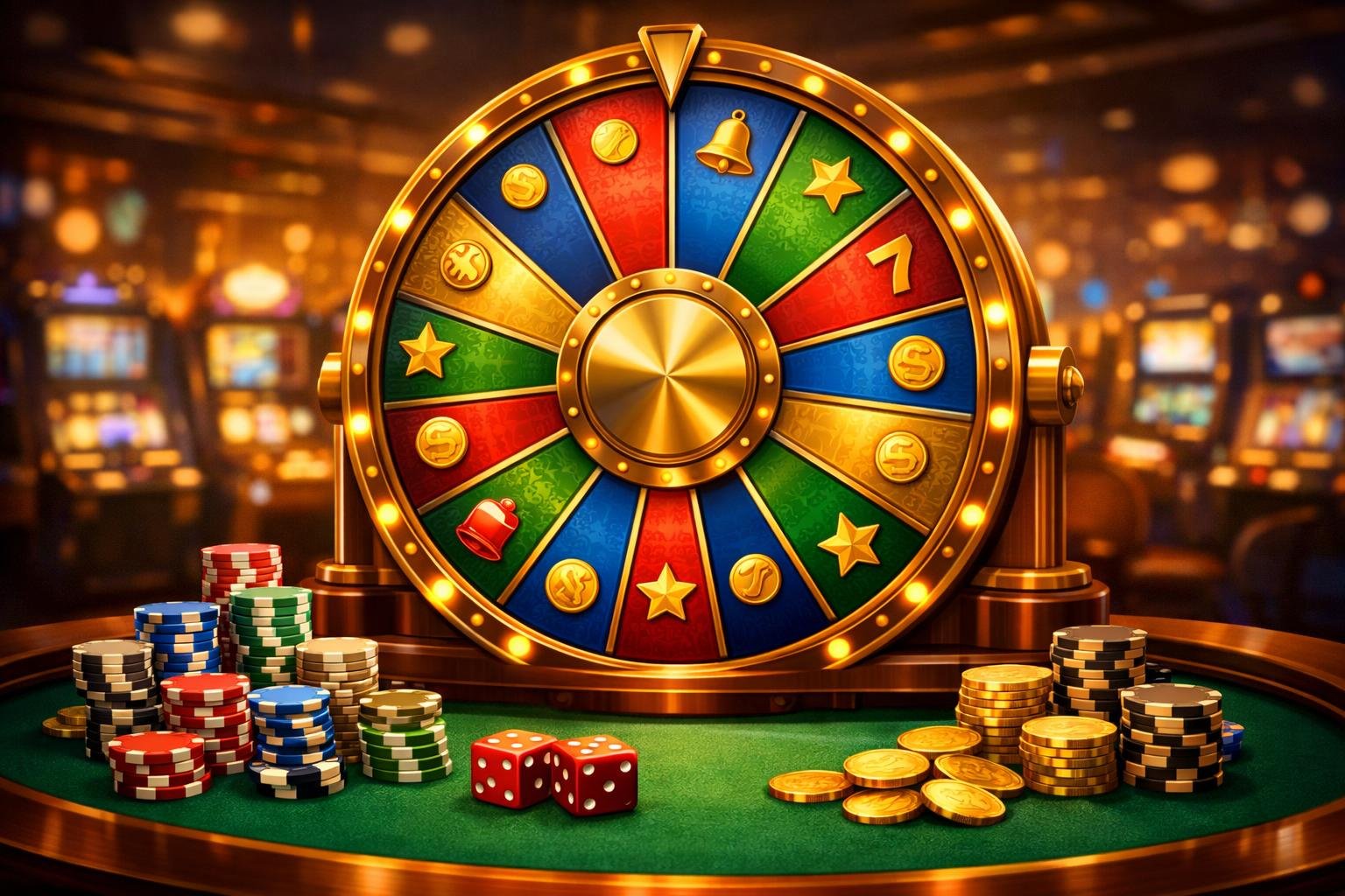 A Casino Scene Featuring A Large Colorful Wheel Of Fortune On A Stand, Surrounded By Poker Chips, Dice, And A Gaming Table With A Lively Casino Background.