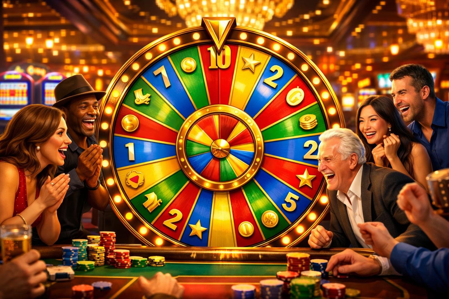 A Lively Casino Scene Showing A Large Colorful Wheel Of Fortune Game Surrounded By Excited Players In A Bright And Elegant Casino Interior.