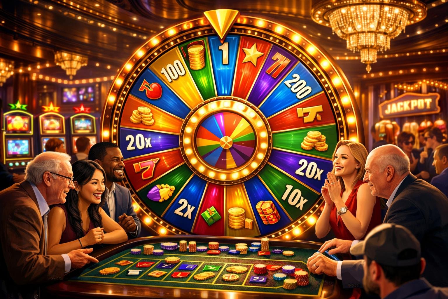 A Lively Casino Scene Showing A Large Colorful Spinning Wheel With People Watching And Placing Bets Around It.