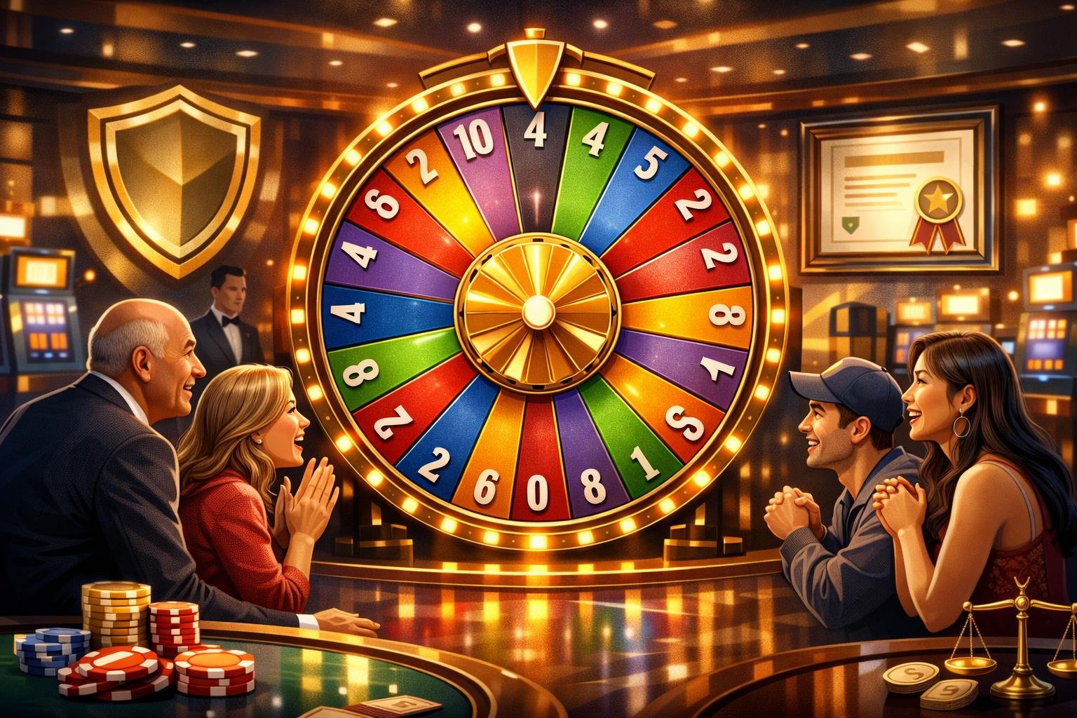 A Casino Scene Showing A Wheel Of Fortune Game With Players Around It And Symbols Representing Licensing And Fair Play In The Background.
