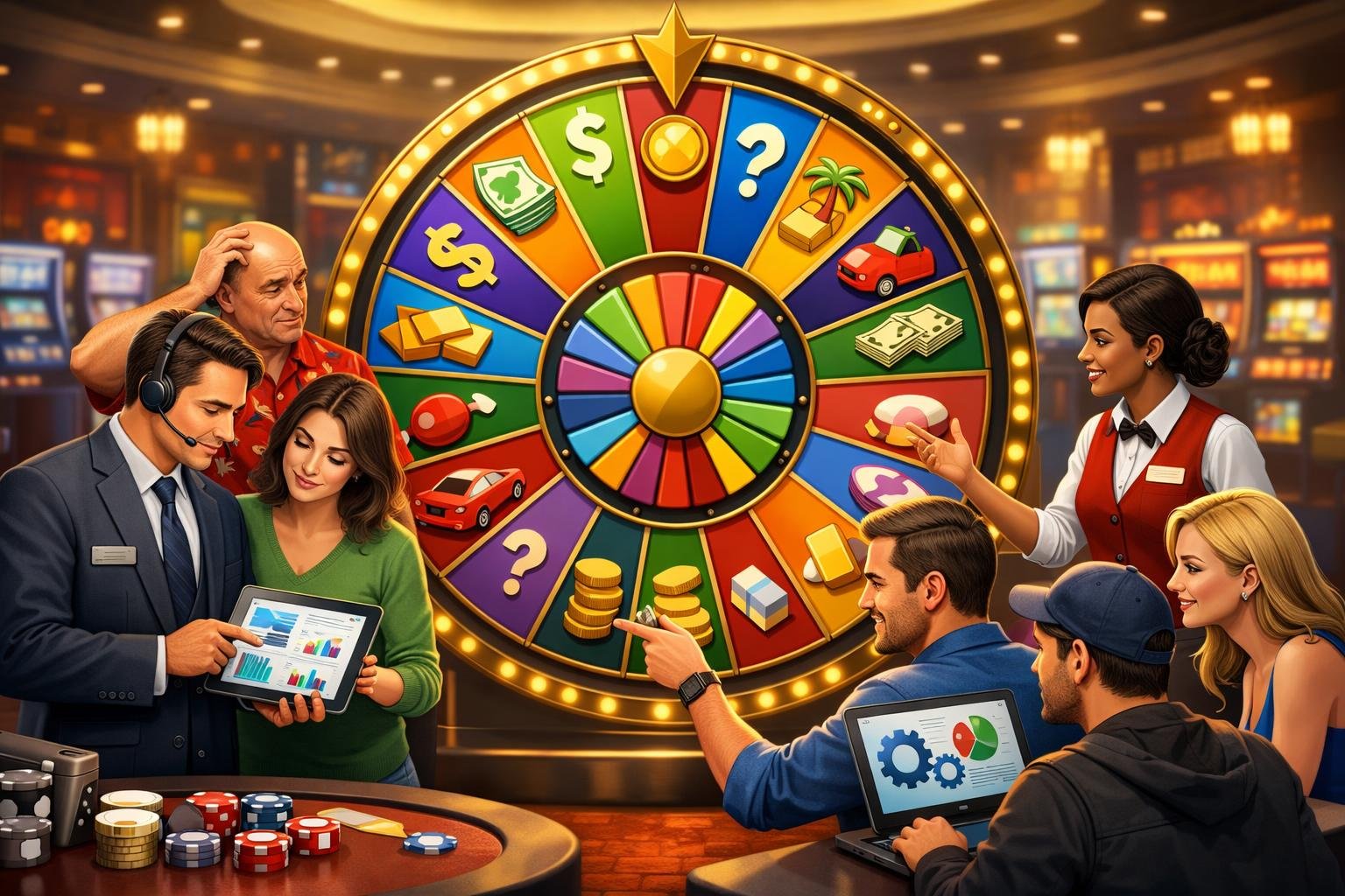 A Casino Scene Showing A Large Wheel Of Fortune Game With People Discussing And Examining Devices To Solve Problems Related To The Game.