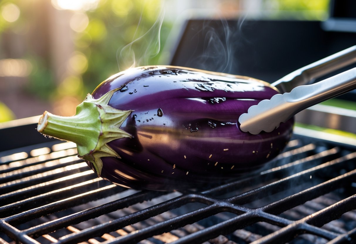 A whole eggplant being grilled on a barbecue grill outdoors with char marks and a pair of tongs holding it.