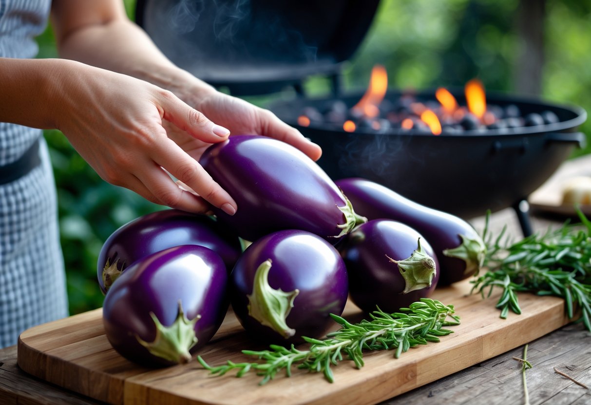 Close-up of fresh whole eggplants on a wooden board with hands selecting one, and a charcoal grill in the background.