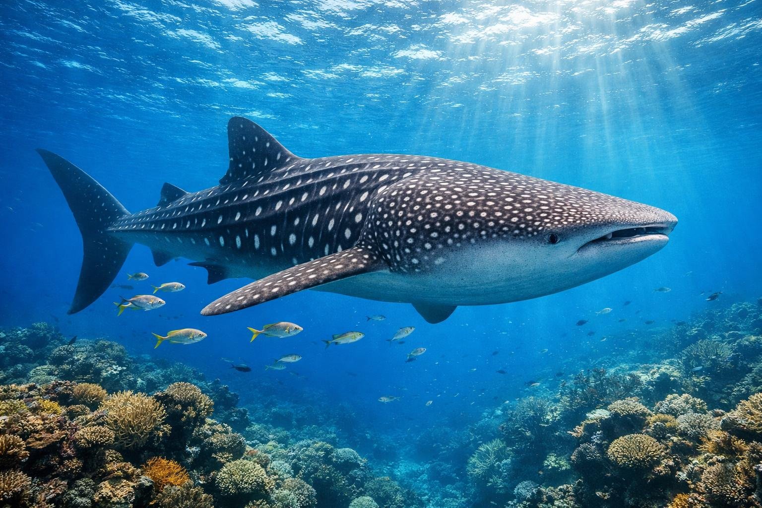 Seekor hiu paus besar dengan bintik putih berenang di perairan laut yang jernih dekat terumbu karang.