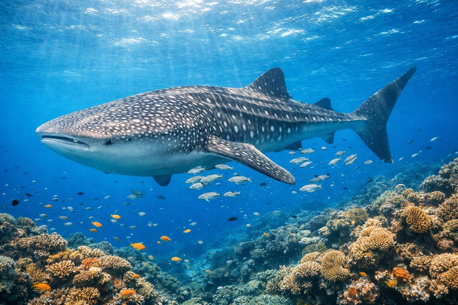 Seekor hiu paus besar dengan pola bintik khas berenang di perairan tropis yang jernih dekat terumbu karang.