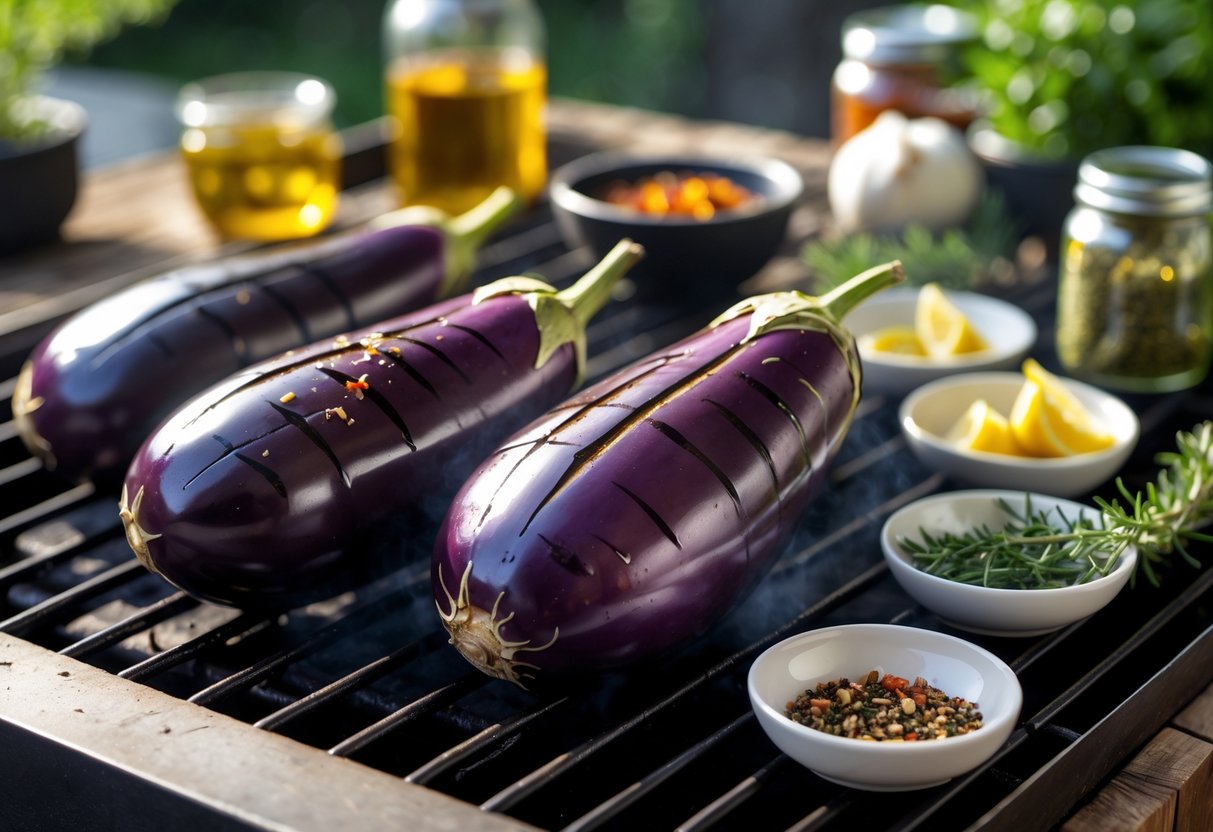 Whole eggplants grilling on an outdoor barbecue surrounded by bowls of spices, herbs, and lemon wedges.