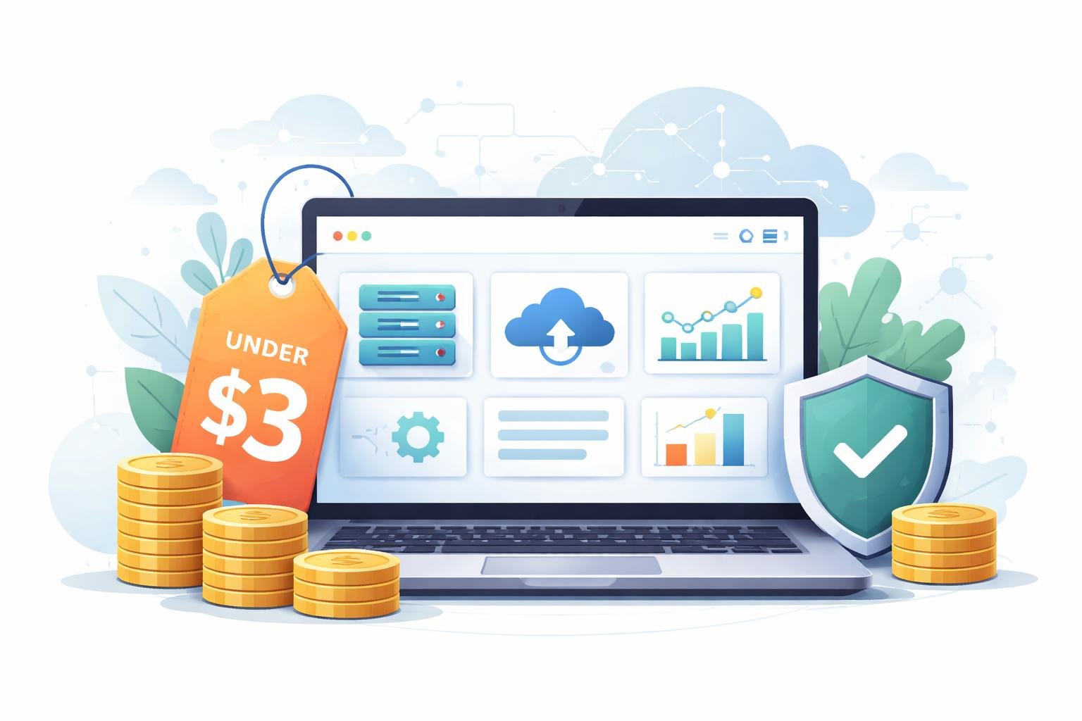 Best Cheap Web Hosting Under $3: Top Providers, Features, and Guide 1 A laptop showing a web hosting dashboard surrounded by coins, a price tag, and a security shield with digital network and cloud icons in the background.