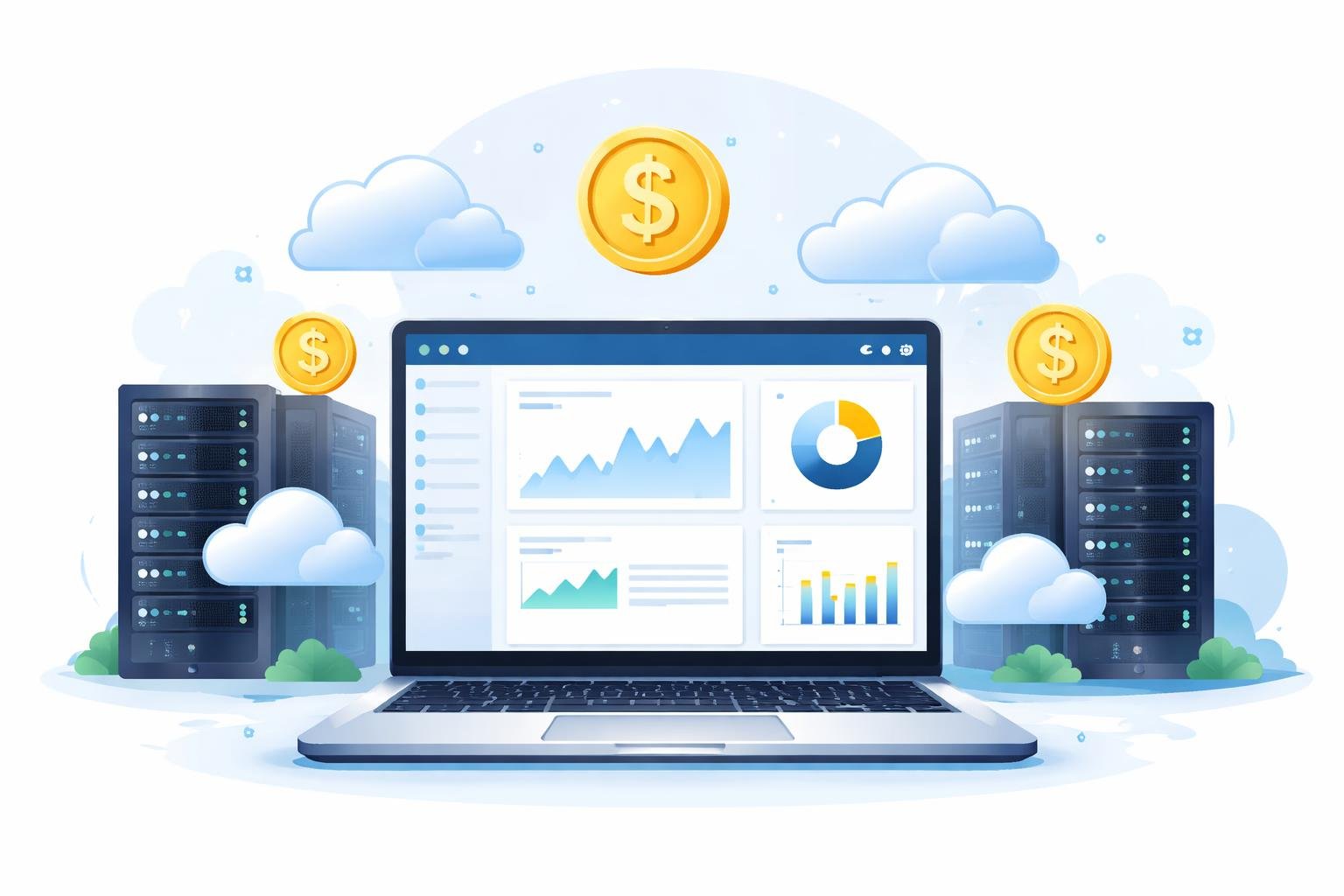 Best Cheap Web Hosting Under $3: Top Providers, Features, and Guide 2 A laptop showing a website dashboard surrounded by server racks, cloud icons, and dollar signs representing affordable web hosting.