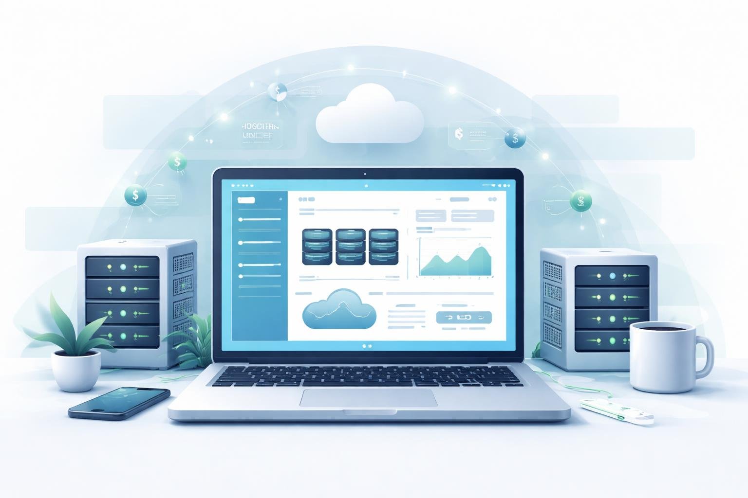Best Cheap Web Hosting Under $3: Top Providers, Features, and Guide 3 A modern workspace with a laptop showing a web hosting dashboard, surrounded by icons representing servers and data connectivity.