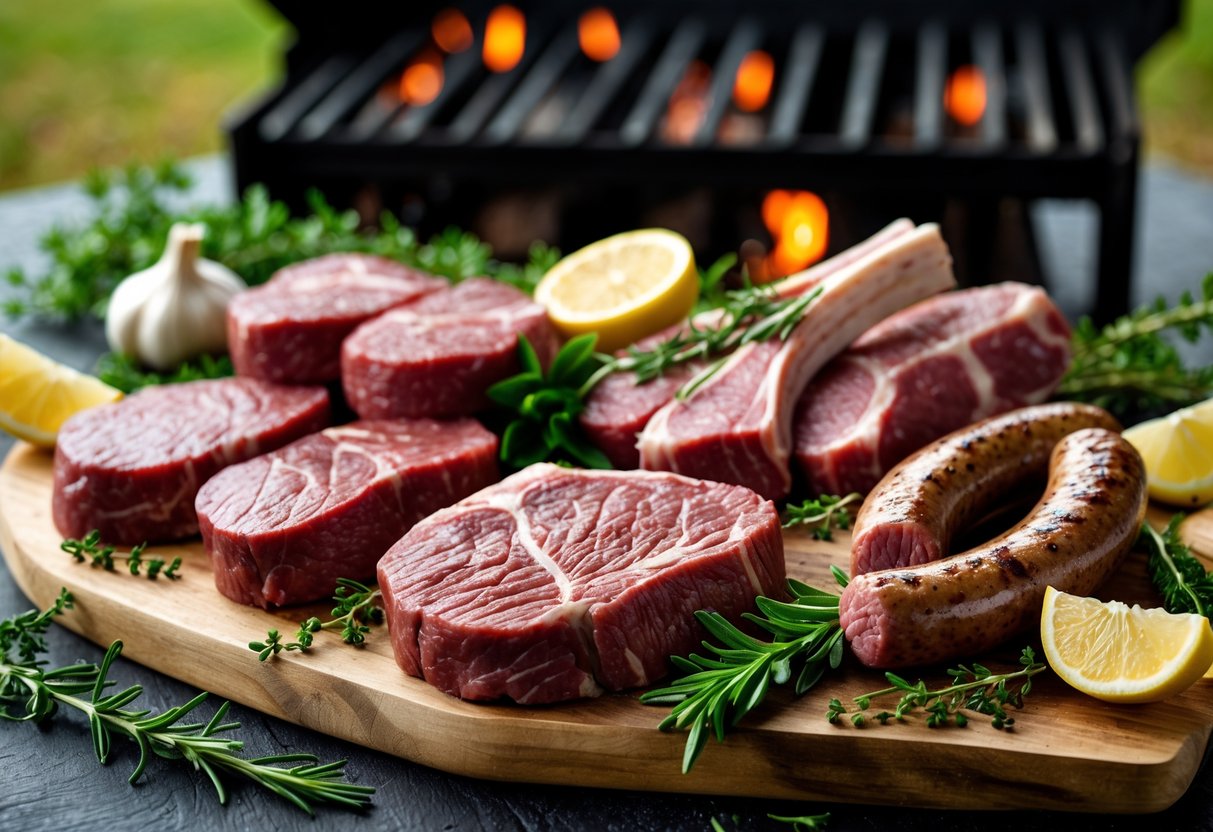 An assortment of raw Irish meats including beef steaks, lamb chops, and sausages arranged on a wooden board with herbs and lemon slices beside a grill.