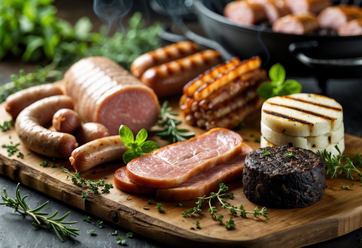 An assortment of Irish sausages, bacon, and pudding arranged on a wooden board with fresh herbs, ready for grilling.