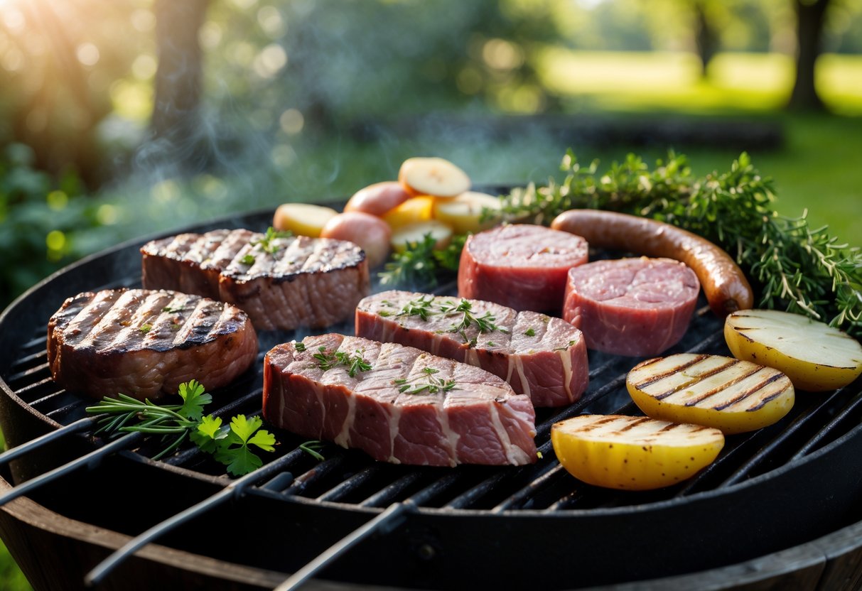 Grill with traditional Irish meats including beef, lamb chops, and sausages cooking outdoors surrounded by fresh herbs and vegetables.