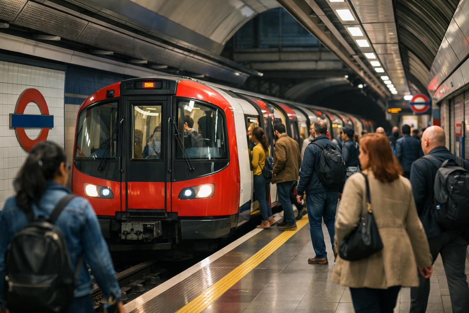 Stasiun London Tube yang sibuk dengan kereta datang dan penumpang menunggu di peron.