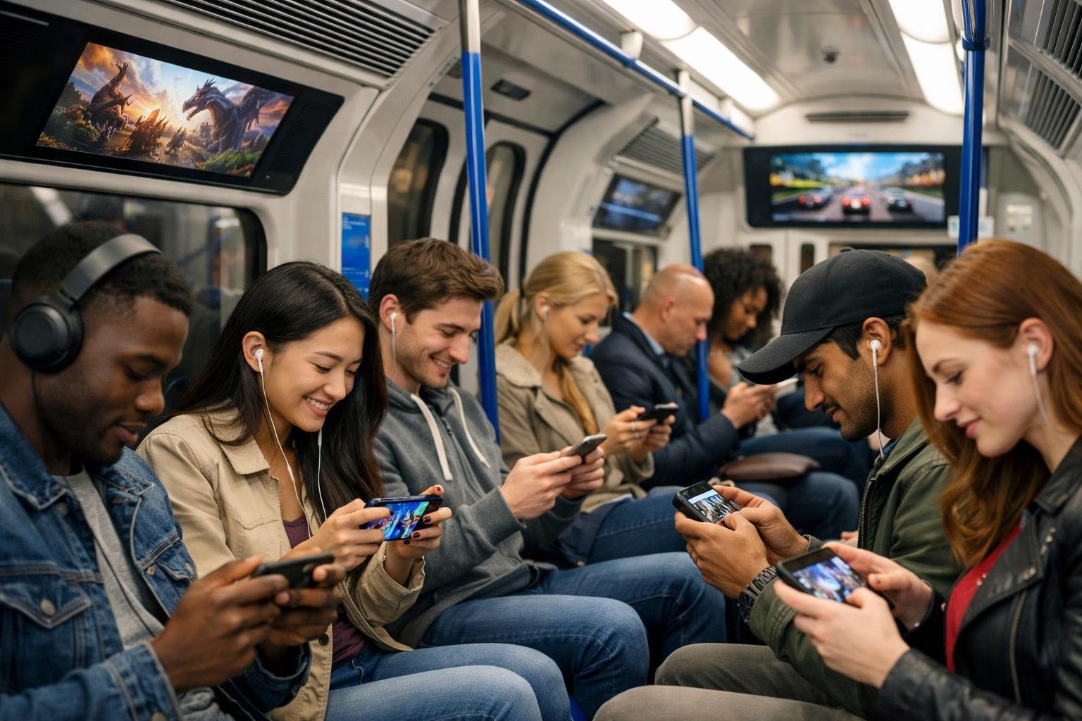 Penumpang beragam di dalam kereta London Tube menggunakan perangkat mobile untuk bermain game online.