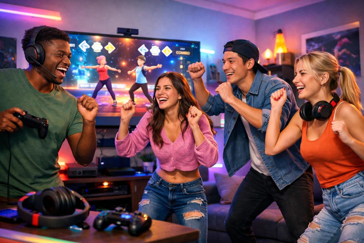 Sekelompok orang muda sedang bermain game tari online bersama di ruang tamu yang modern dan terang.