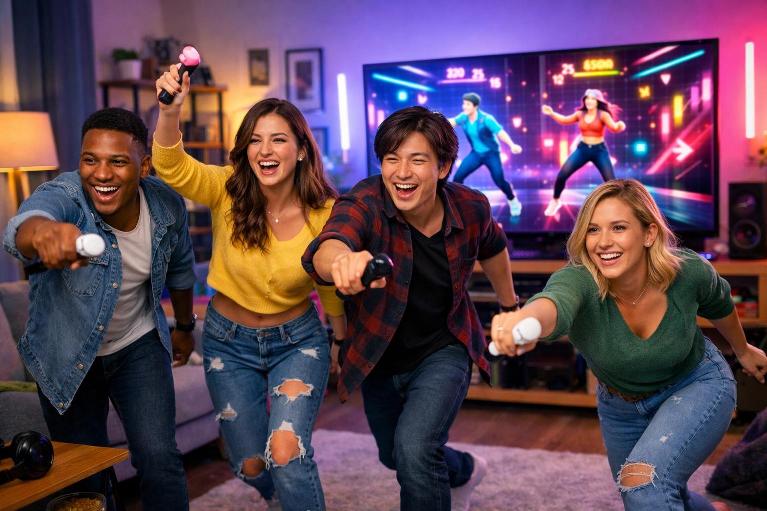 Sekelompok orang muda sedang bermain game tari online dengan ekspresi senang di ruang tamu yang modern.