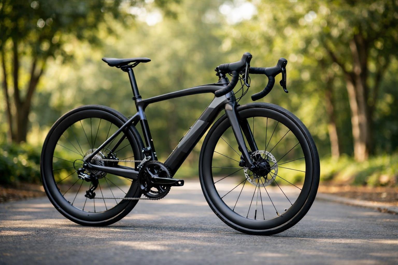 Sepeda Polygon modern berdiri di jalan setapak dengan latar belakang pepohonan hijau dan cahaya matahari alami.
