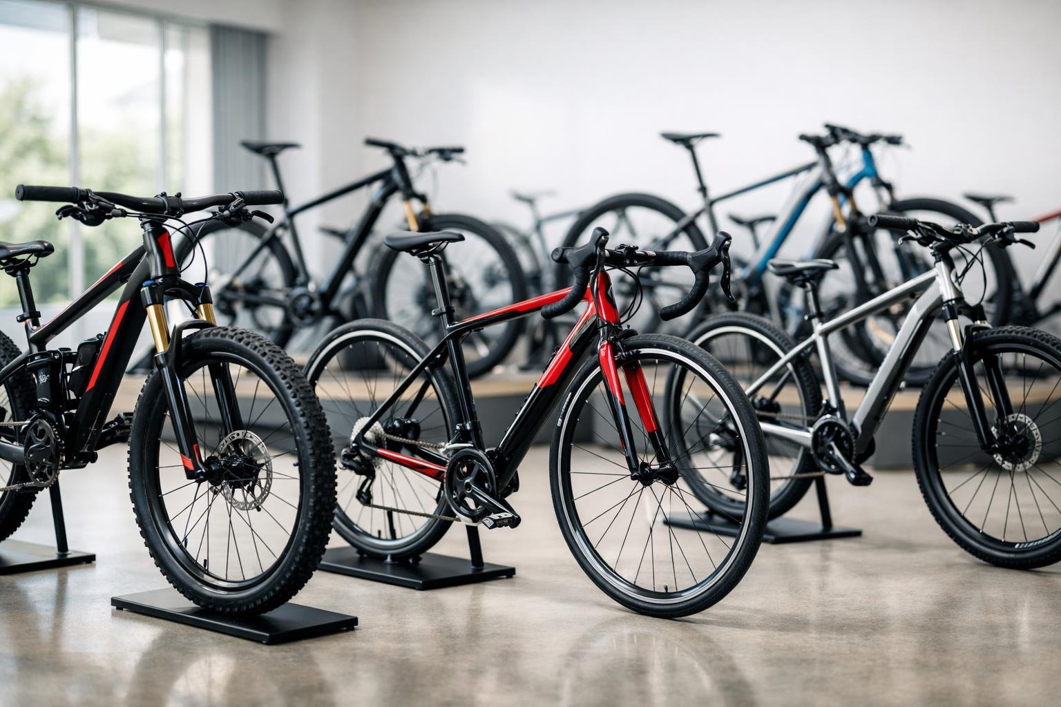 Berbagai jenis sepeda Polygon dipajang rapi di dalam ruang pamer dengan pencahayaan alami.
