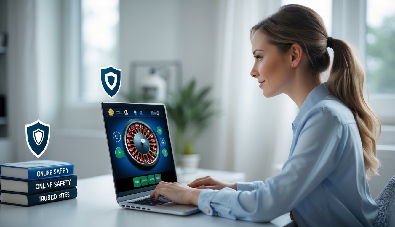 Seorang wanita muda duduk di meja kerja dengan laptop yang menampilkan permainan roulette online, di ruang kerja yang rapi dan terang.