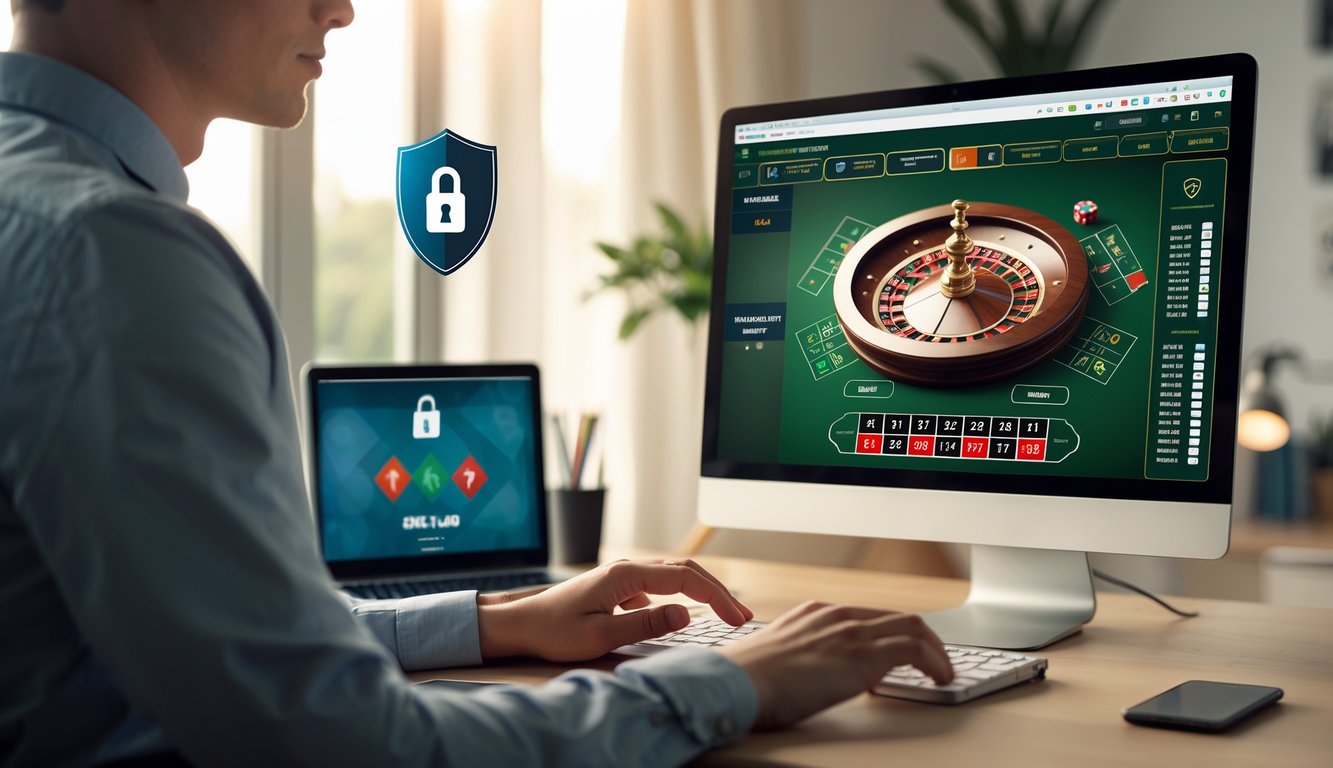 Seseorang menggunakan laptop di ruang kerja rumah dengan tampilan permainan roulette online di layar, suasana tenang dan aman.