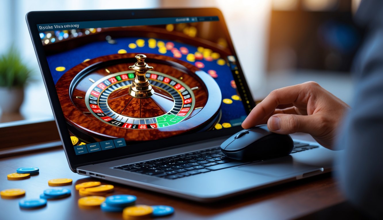 Seorang pengguna bermain roulette online di laptop dengan roda roulette dan chip warna-warni di layar, di meja modern dengan pencahayaan hangat.