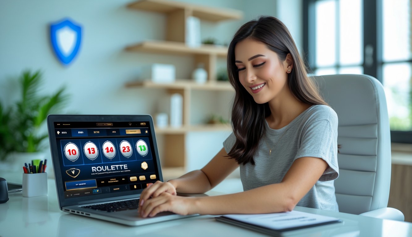 Seorang wanita muda duduk di depan laptop bermain roulette online di ruang kerja yang rapi dan terang.
