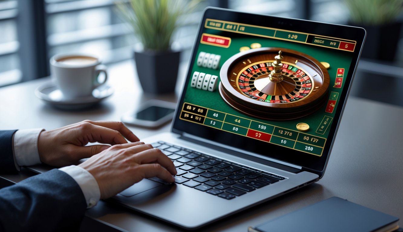 Seseorang sedang bermain roulette online di laptop di meja kerja yang rapi dengan dekorasi sederhana.
