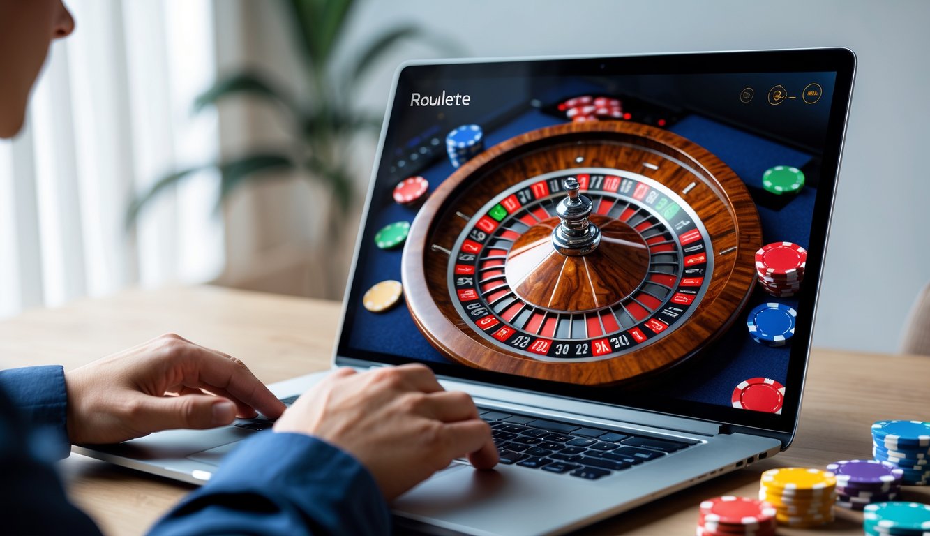 Seseorang menggunakan komputer dengan tampilan roda roulette digital dan chip warna-warni di layar.