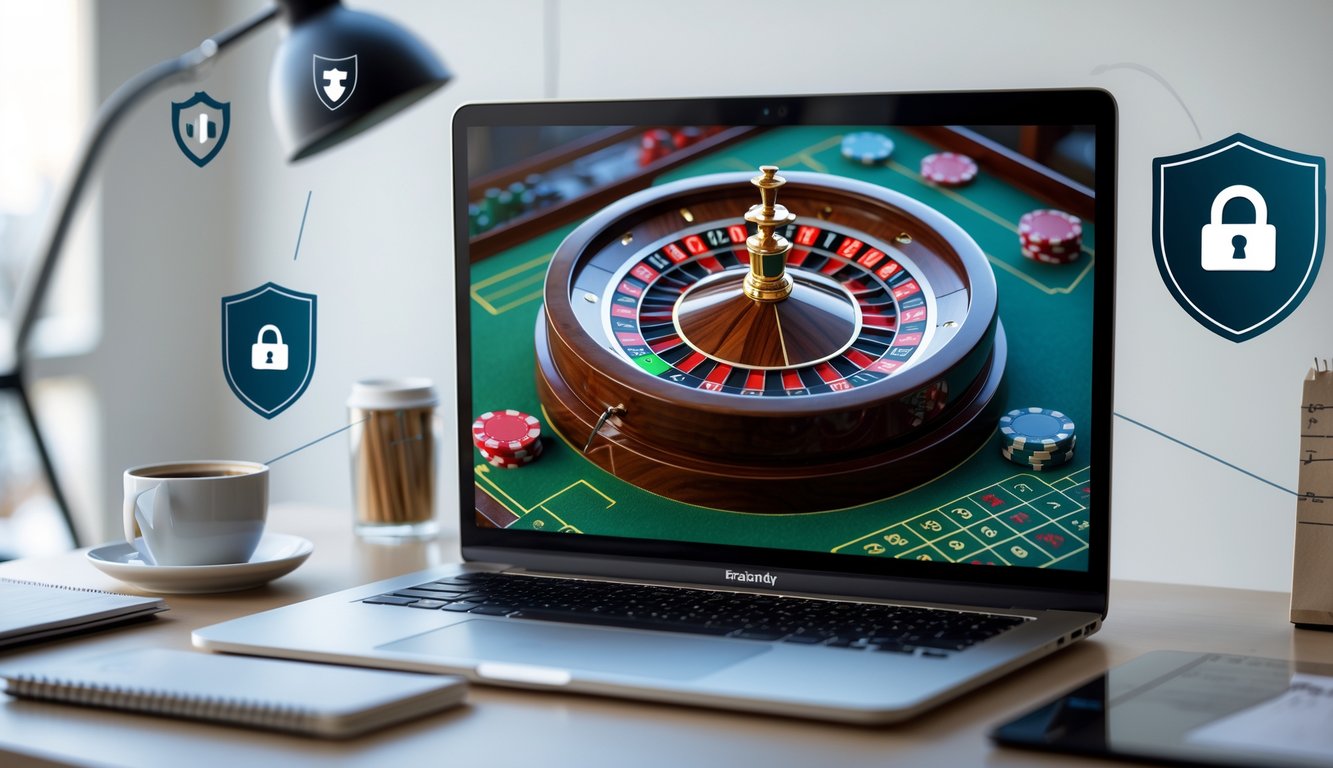 Seseorang bermain roulette online di depan laptop dengan tampilan roda roulette dan chip taruhan di layar.