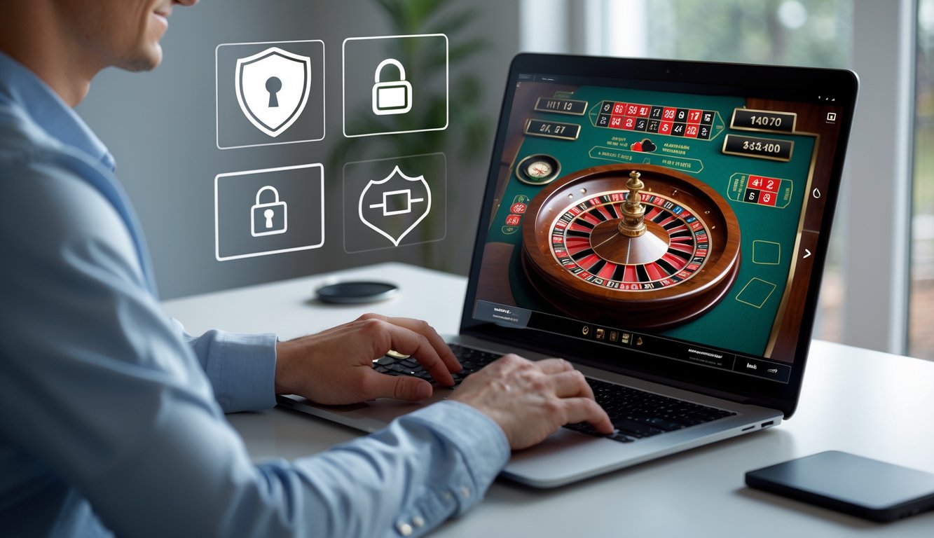 Seseorang bermain roulette online di laptop di ruang kerja rumah yang rapi dan terang.
