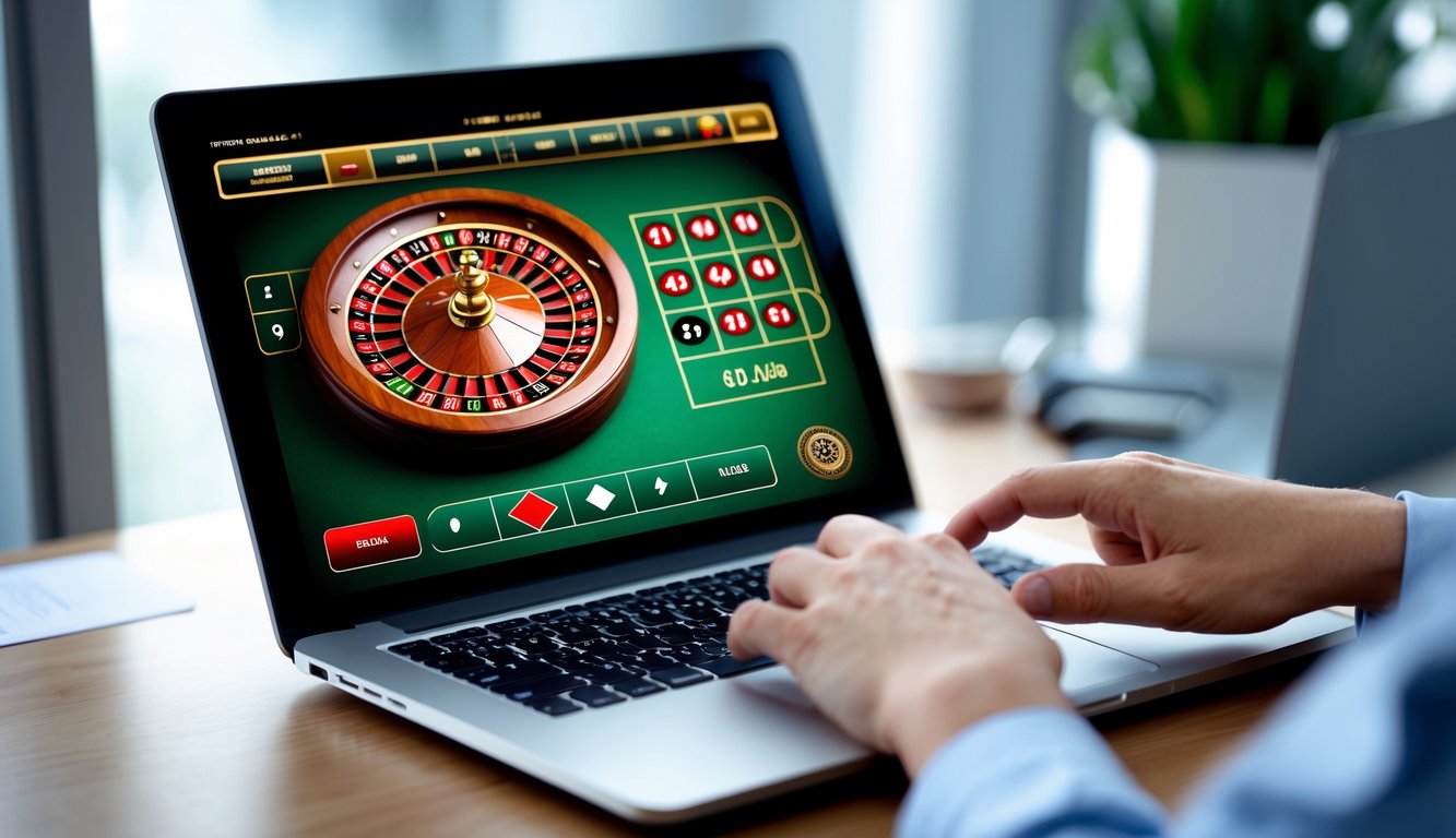 Seseorang menggunakan komputer dengan tampilan permainan roulette online yang aman dan terpercaya di layar.