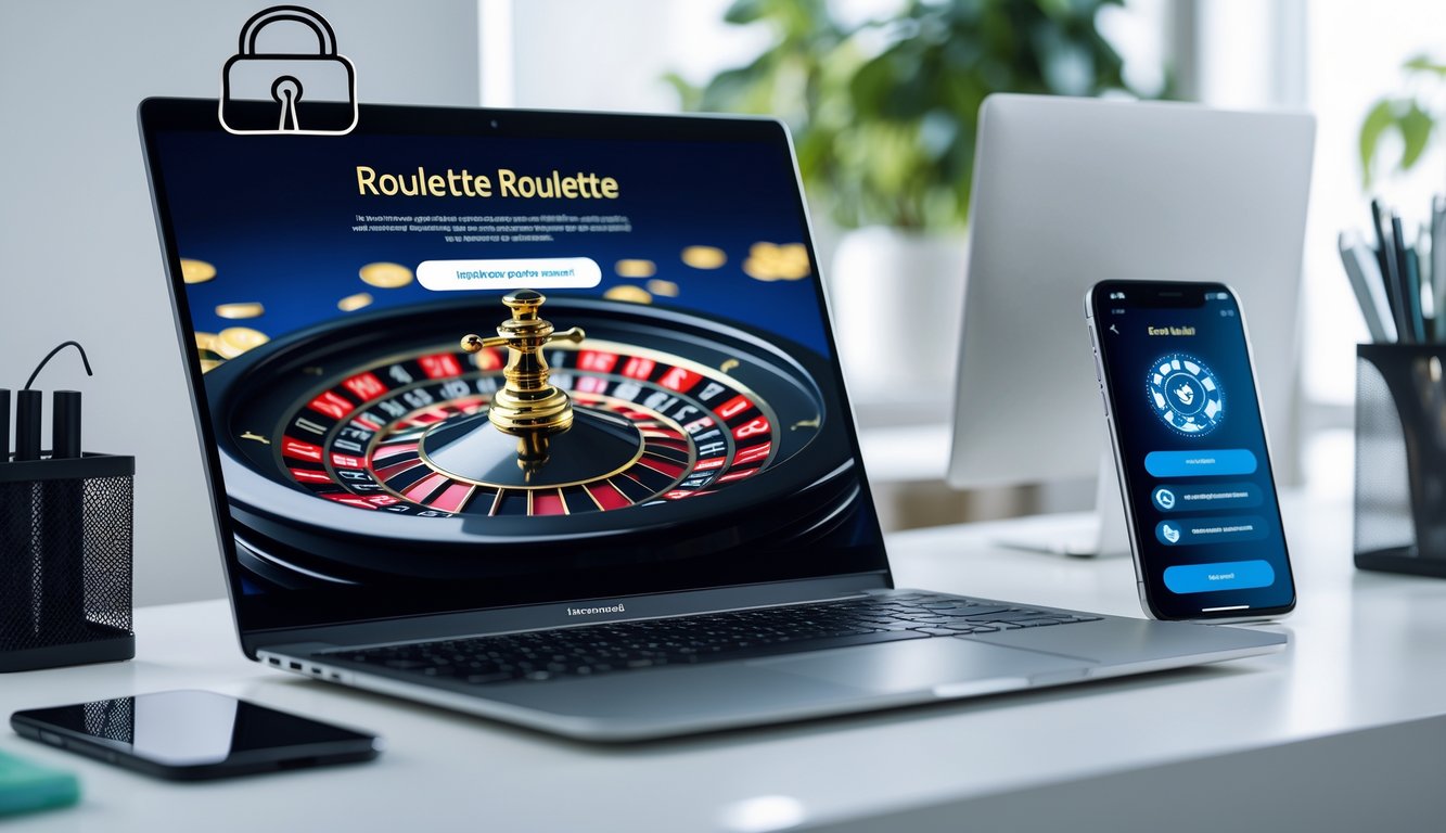 Seorang pengguna bermain roulette online di laptop dan ponsel di meja kerja yang rapi dengan suasana terang dan elemen keamanan digital.