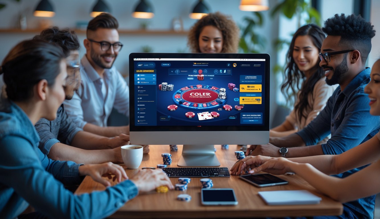 Beberapa orang bermain poker online di sebuah ruangan dengan komputer dan kartu poker di atas meja.