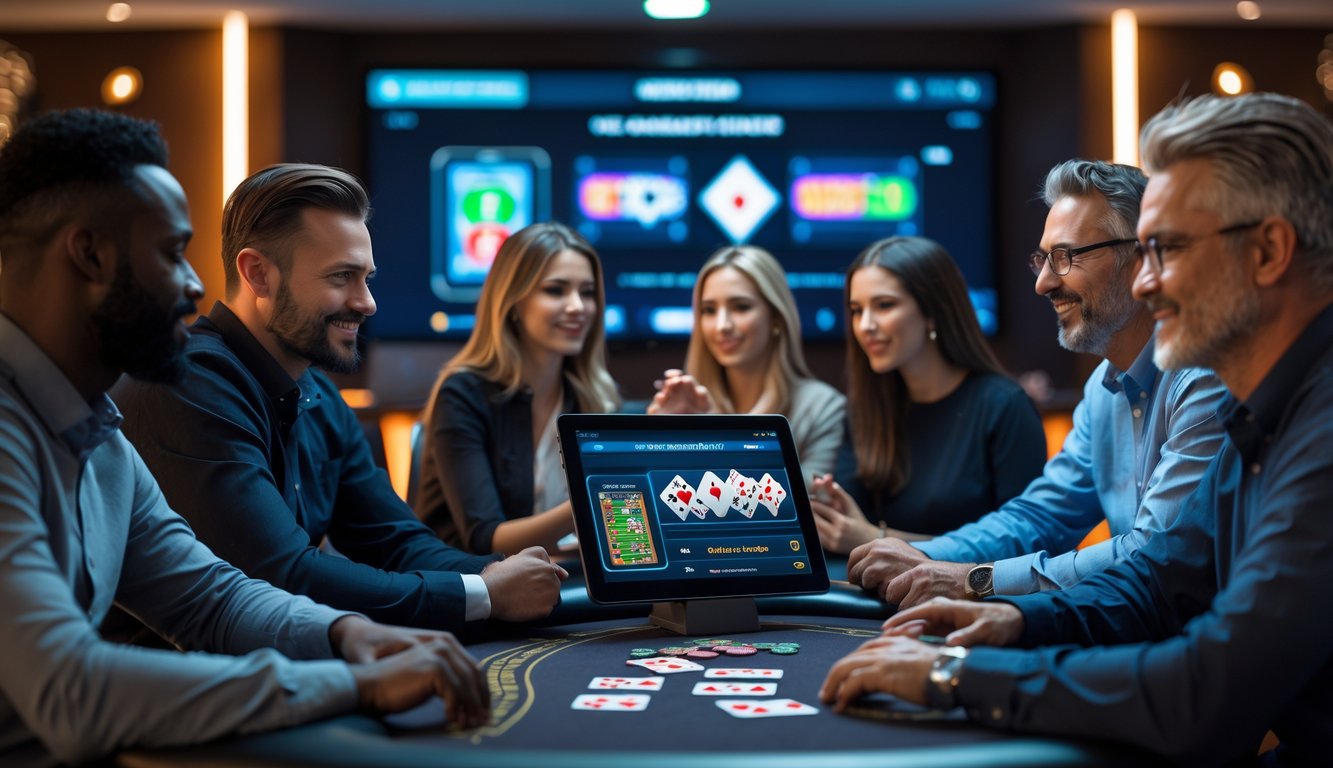 Beberapa orang bermain poker online dengan perangkat digital di meja poker modern, tampak fokus dan menikmati permainan.