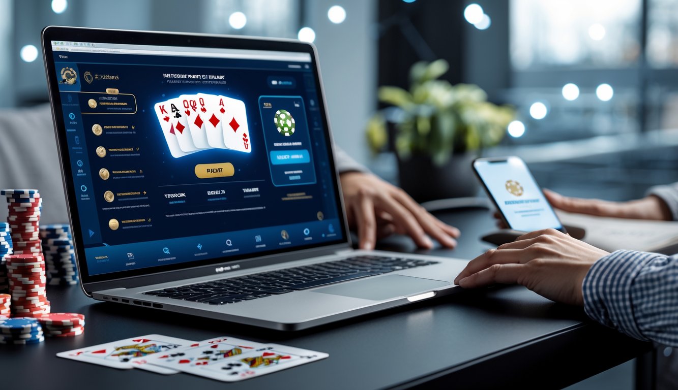 Meja kerja modern dengan laptop menampilkan permainan poker online, tumpukan chip poker, kartu bermain, dan ponsel yang menunjukkan notifikasi bonus referral.