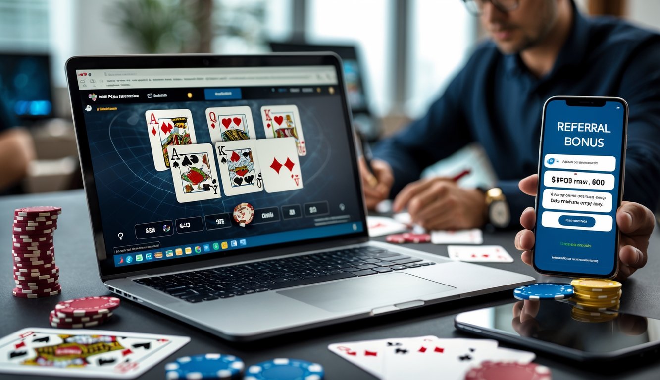 Seorang pemula belajar poker online di depan laptop dengan kartu poker dan chip di meja, sambil melihat notifikasi bonus referral di ponsel.