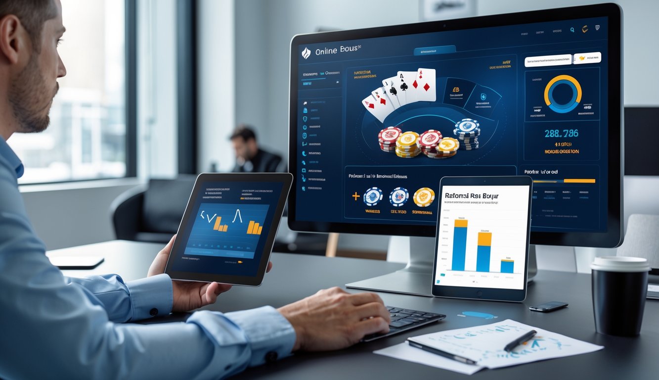 Seseorang sedang bekerja di meja dengan komputer yang menampilkan permainan poker online dan data bonus referral, di ruang kantor modern.