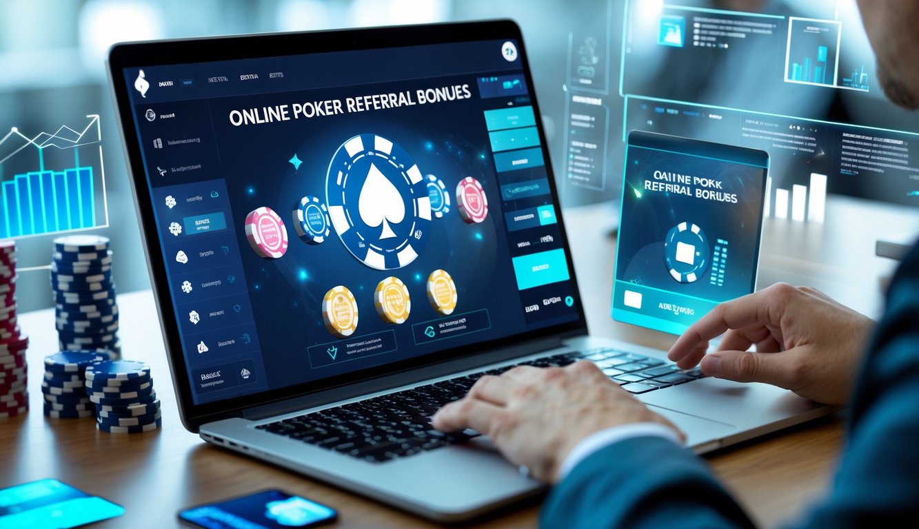 Seseorang sedang menggunakan laptop dengan tampilan permainan poker online dan elemen terkait bonus referral di meja kerja modern.