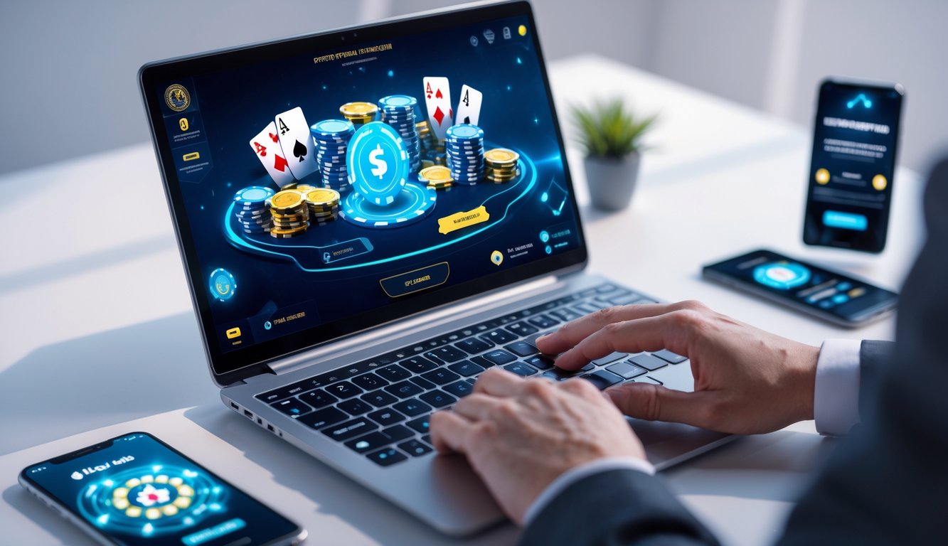 Seseorang menggunakan laptop dan smartphone untuk bermain poker online dan mengklaim bonus di meja kerja yang rapi.