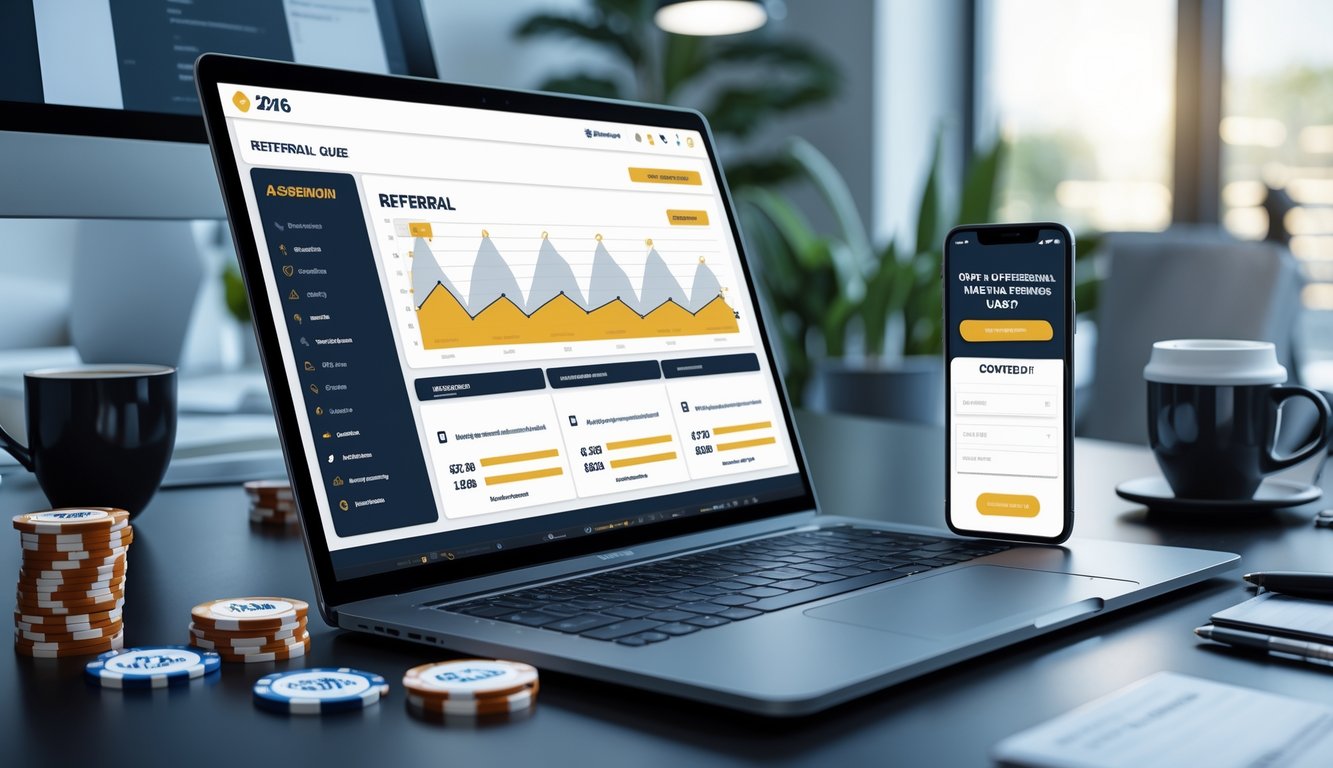 Seorang profesional menggunakan laptop dengan layar menampilkan grafik dan statistik terkait bonus referral poker online, dikelilingi oleh chip poker, kartu remi, dan ponsel di atas meja kerja yang rapi.